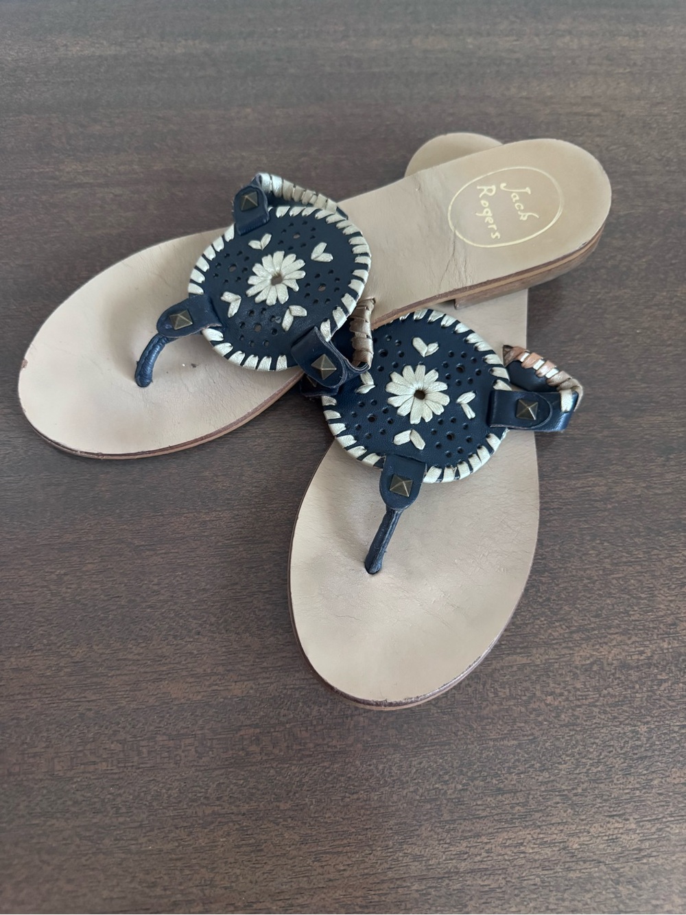 Jack Rogers Black and Tan Leather Thong Sandals with Floral Medallion